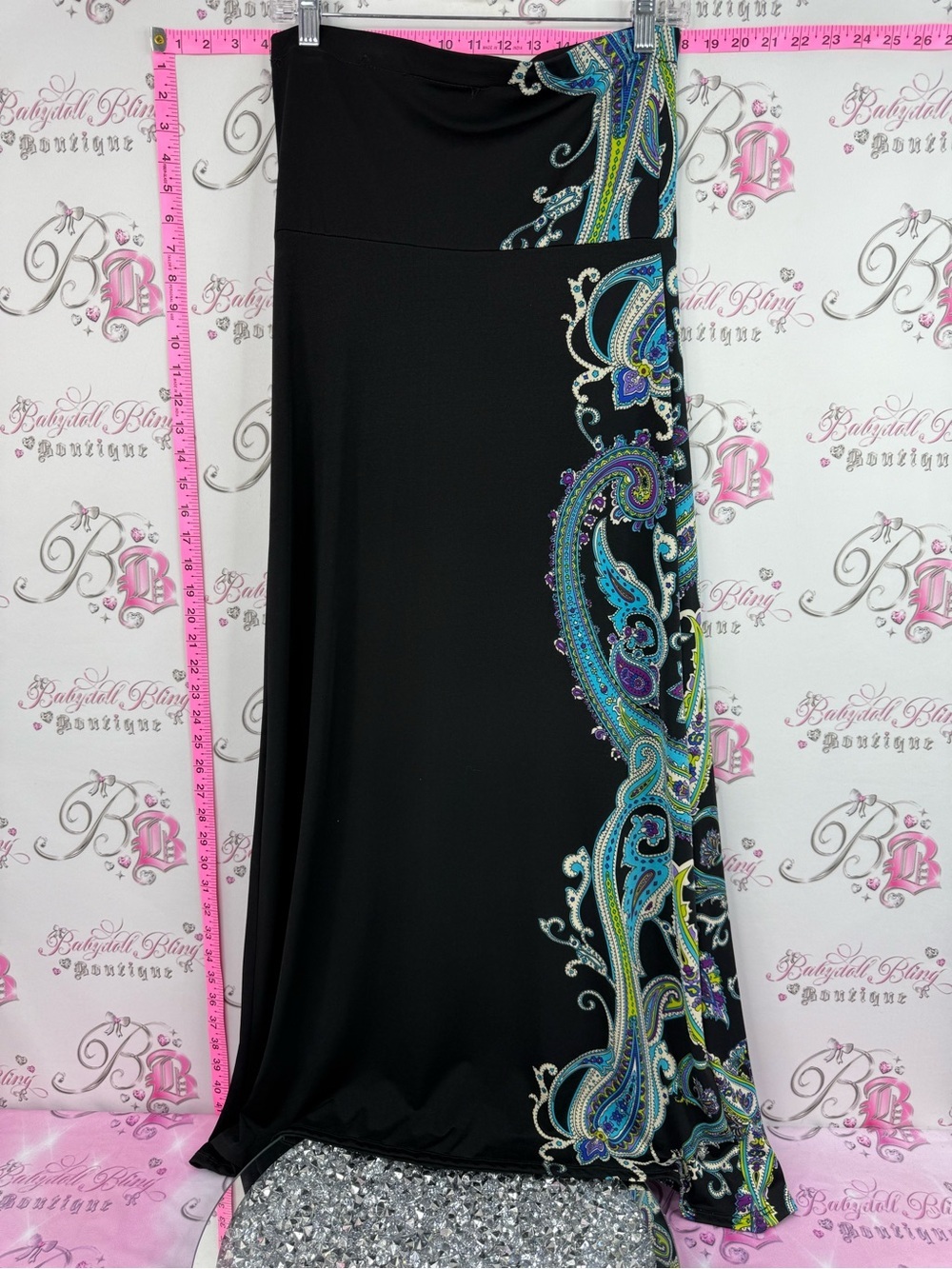 dressbarn strapless dress Black with Teal Blue Green Paisley Accent